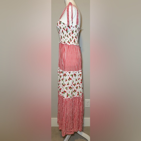 bebop Strawberry Gingham Maxi Dress Cottagecore Smocked Picnic Summer Flowy S - Picture 4 of 10